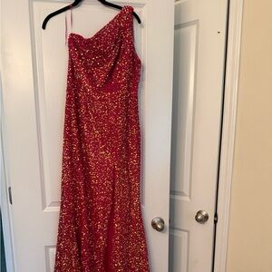 Fashion Nova One Shoulder Sequin Dress - Red and Gold